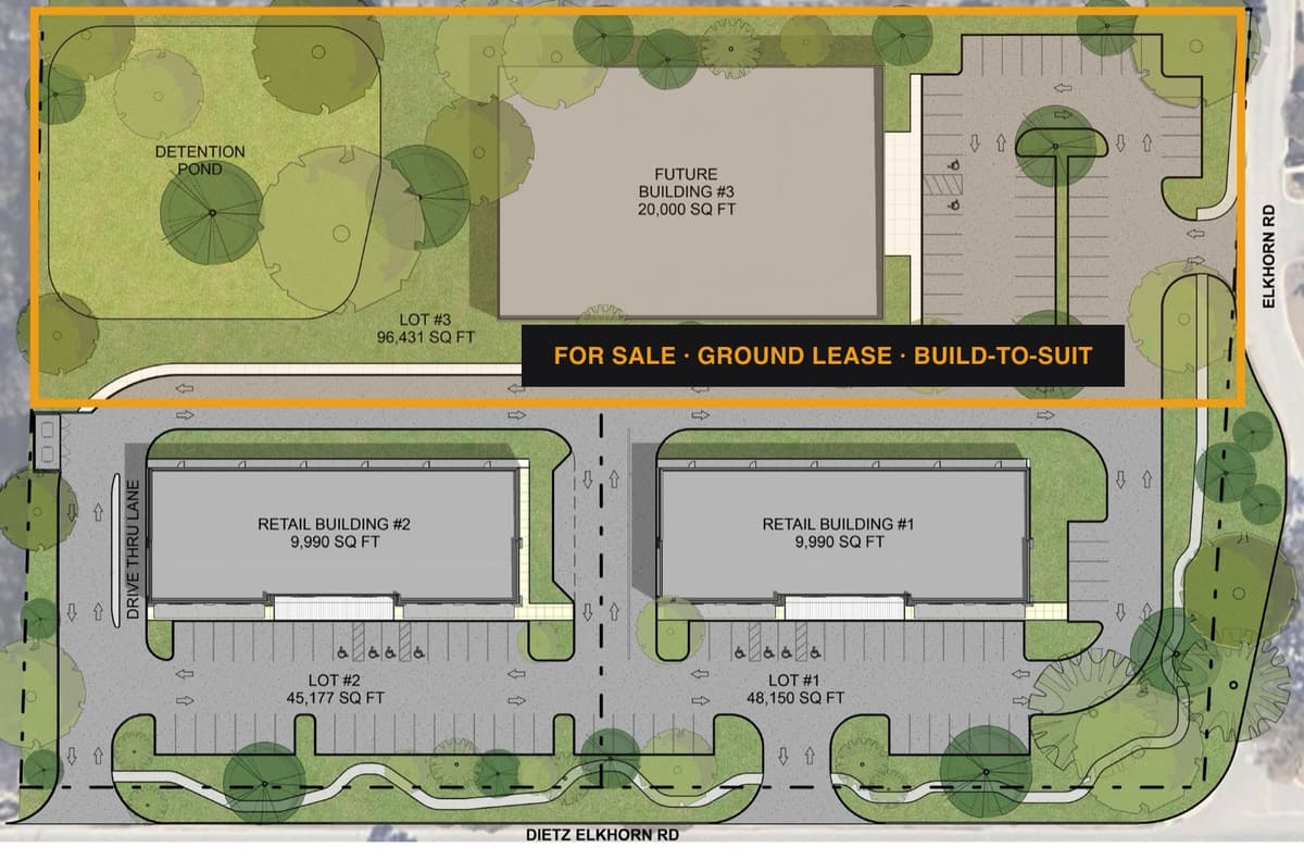 Lot 3 at Elkhorn Point outlined, available for sale, ground lease or build-to-suit: 96,431 SF (±2.21 acres) with a future 20,000 SF building, detention pond and parking off Elkhorn Road